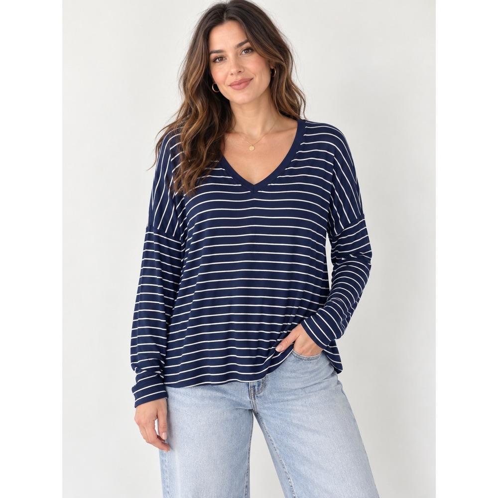 Cabi Navy Blue White Striped V-Neck Long Sleeve Relaxed Top Large